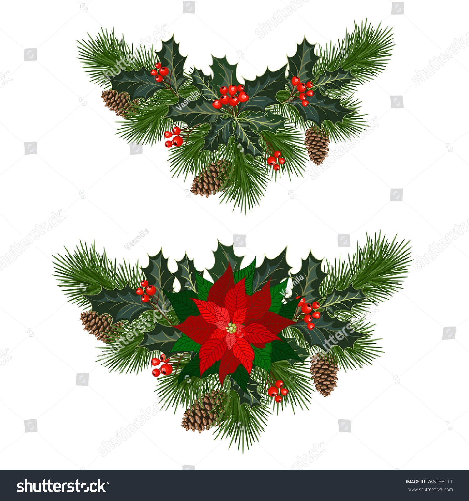 Christmas Decorations Poinsettia Fir Tree Pine Stock Vector