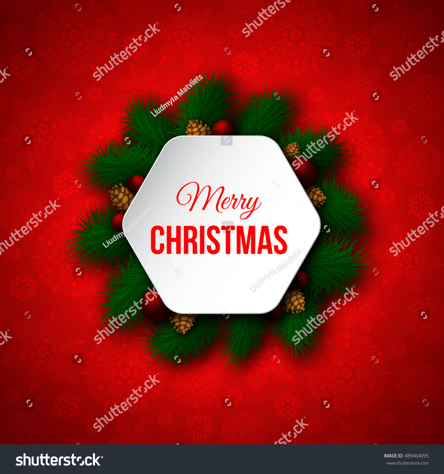 Christmas Decorative Banner Pine Branches Red Stock Vector