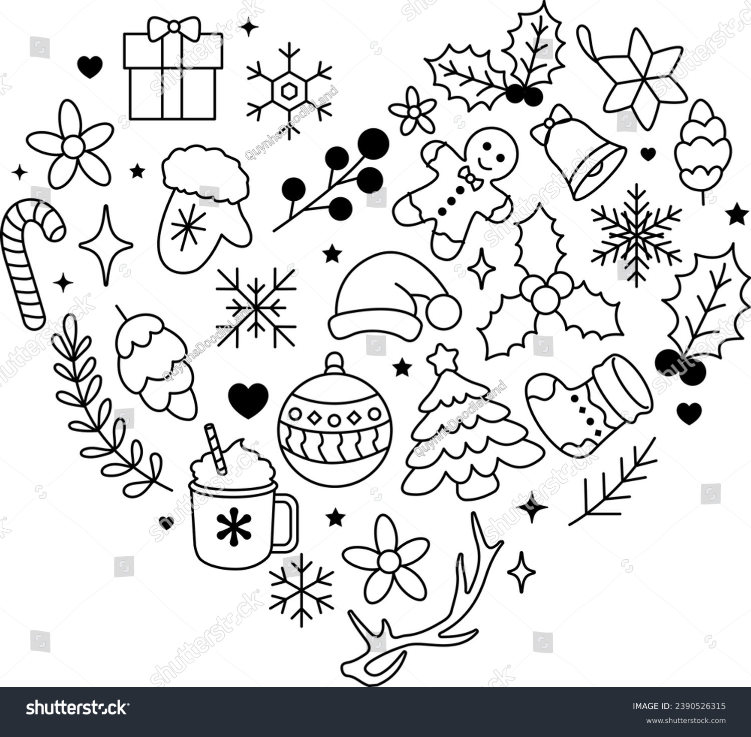 SVG of Christmas Element, Christmas decorations, Christmas Heart Items, Doodles Heart, Christmas Pattern Heart, Noel svg