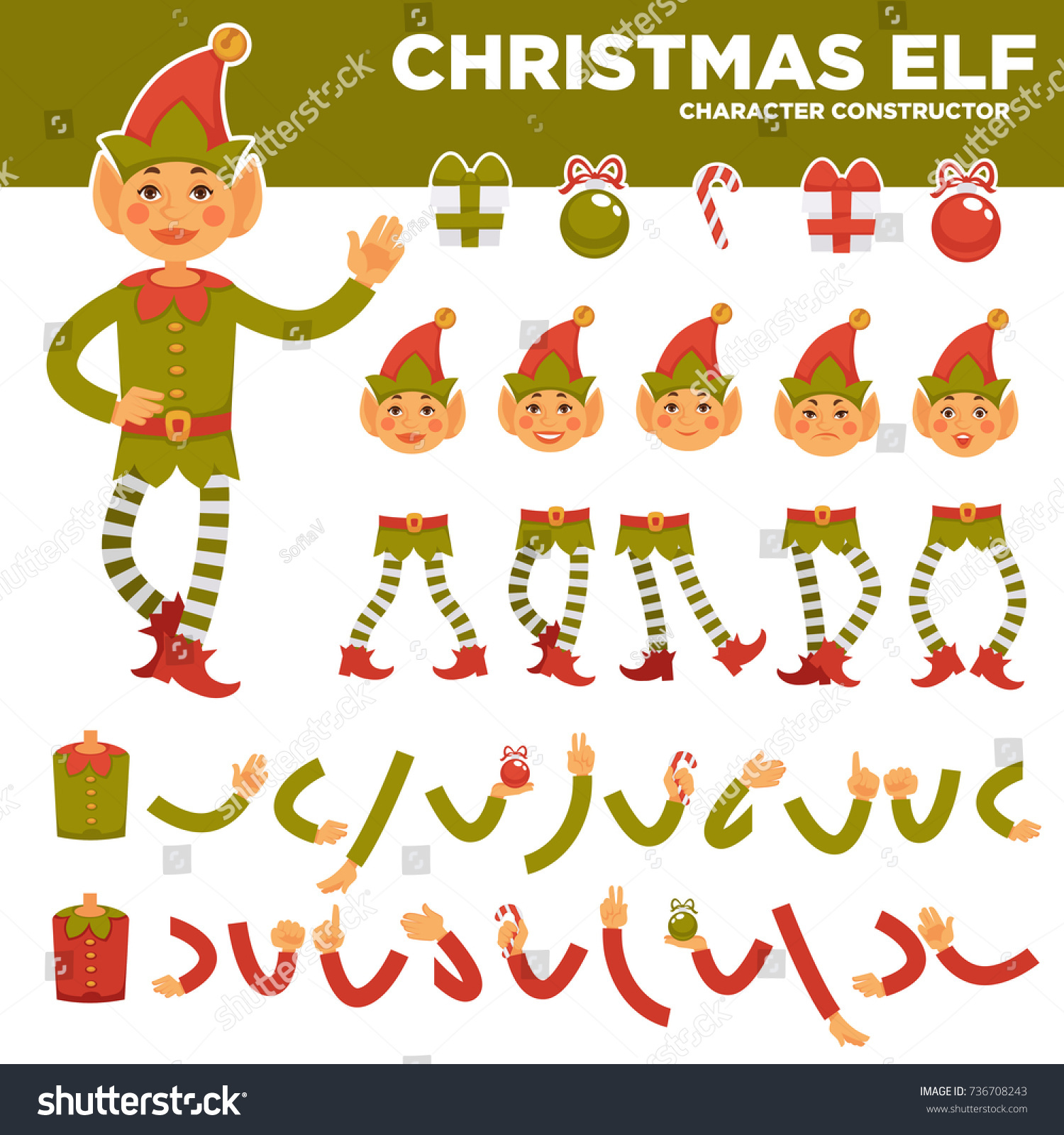 Christmas Elf Character Body Parts Set Stock Vector 736708243