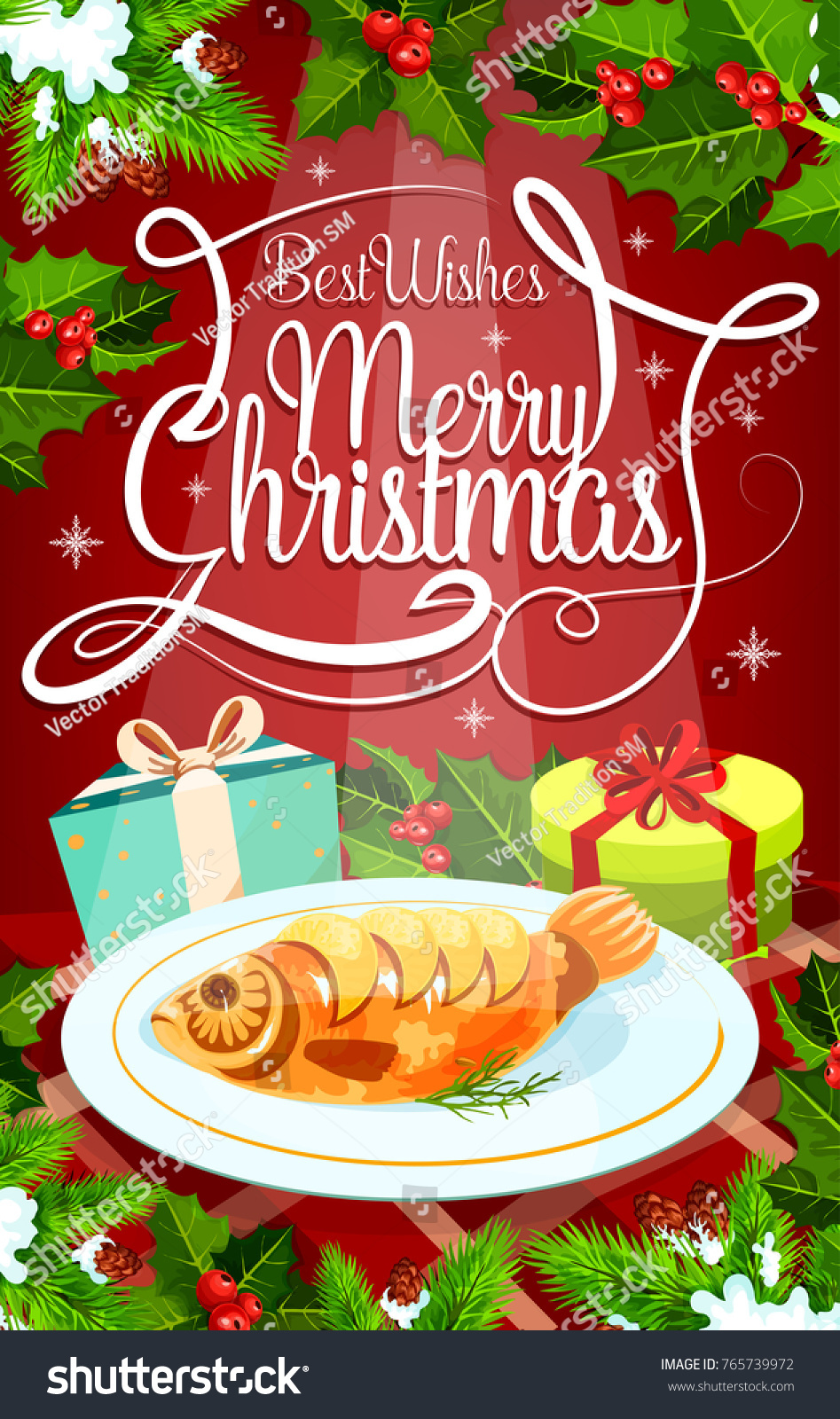 Christmas Eve Dinner Greeting Card With Gift And Baked Fish Stuffed Carp Present Box