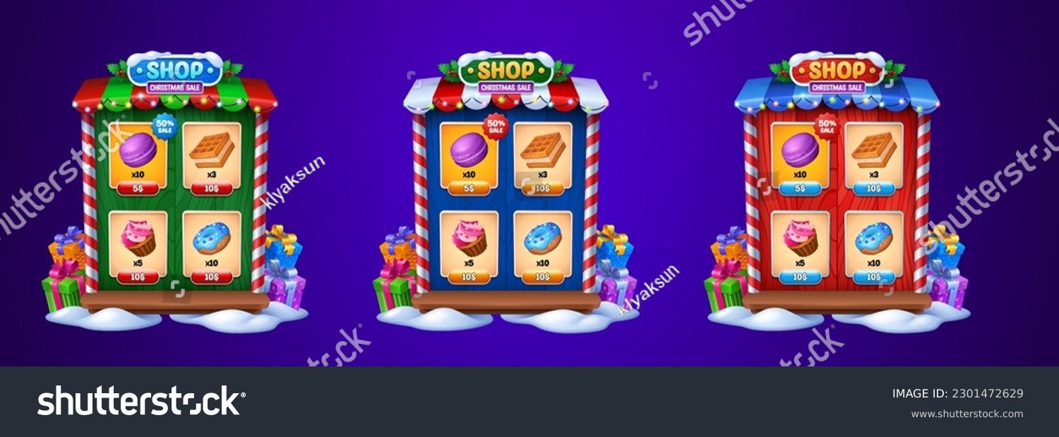 SVG of Christmas game shop frame with sweets on wooden shelves. Vector cartoon illustration of holiday store selling delicious donuts, cakes, desserts. Window decorated with garlands, gift boxes and snow svg