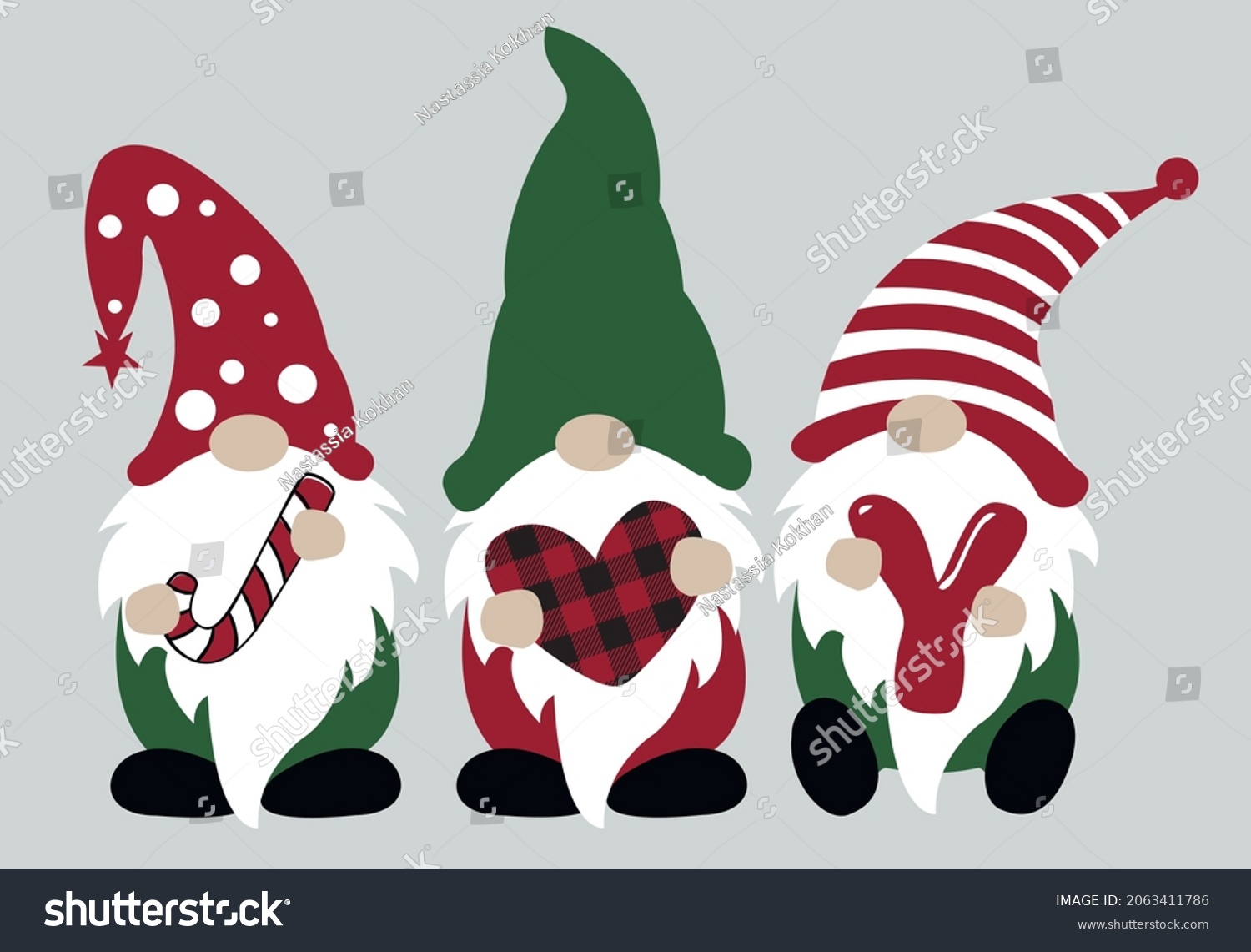 SVG of Christmas gnome svg vector Illustration. Three gnomes are holding new year items. Cute christmas gnome shirt design and home decor for winter vacation.Scandinavian gnome with decoration in hands  svg