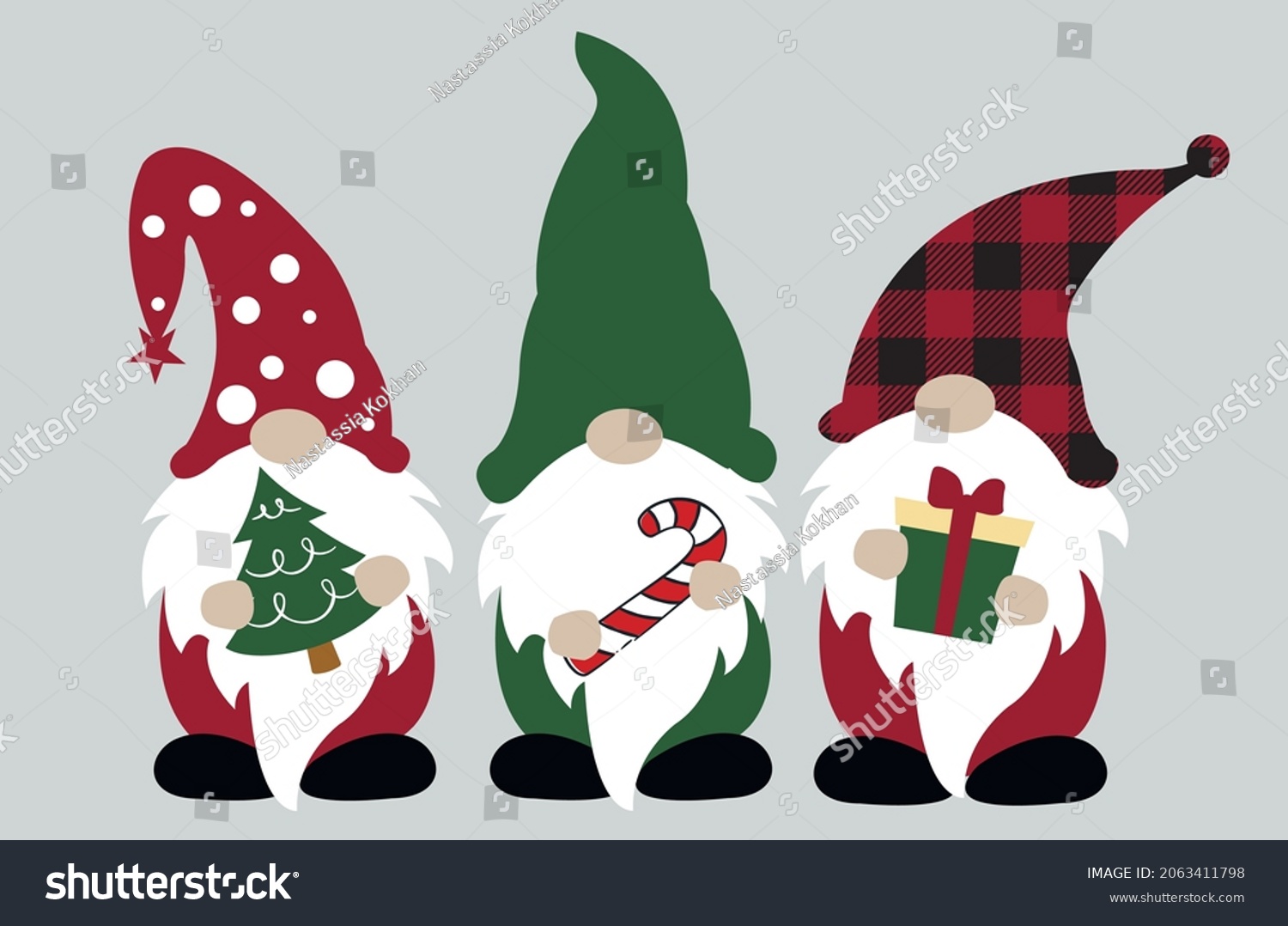 SVG of Christmas gnome svg vector Illustration. Three gnomes are holding new year items. Cute christmas gnome shirt design and home decor for winter vacation.Scandinavian gnome with decoration in hands  svg