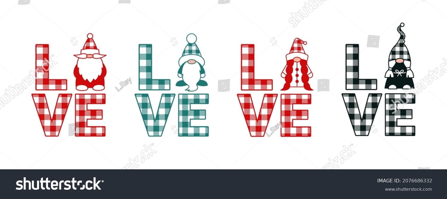 SVG of Christmas gnomes sublimation. Love gnomes. Buffalo plaid vector illustrations of Santa Claus and Snow Maiden. Cute boy and girl gnome svg cut file. Romantic Valentines day vector design template. svg