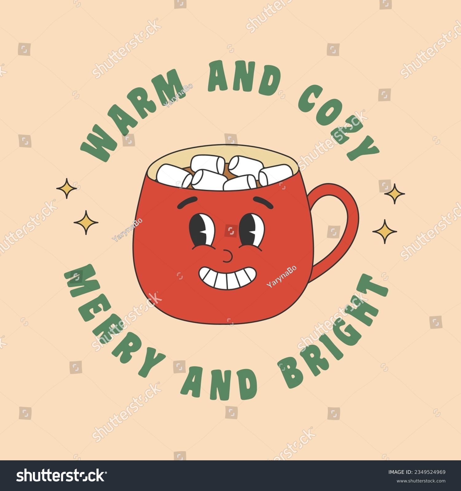 SVG of Christmas greeting card with red cup and marshmallow in groovy style. Template for Merry Christmas and Happy New year greeting card, poster, party invitation. Vector illustration svg