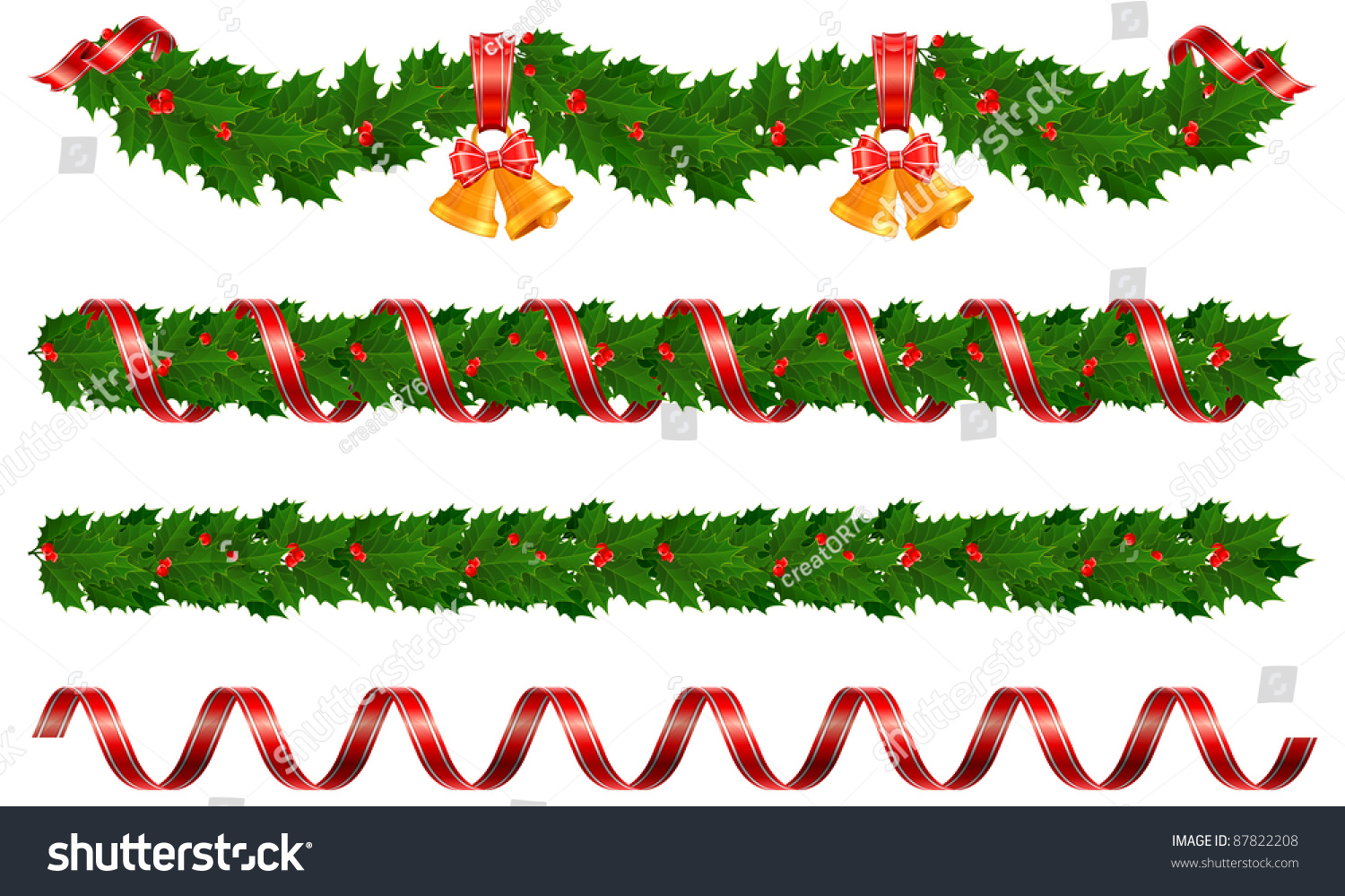 Christmas Holly Garland With Bell And Ribbon, Vector Illustration ...