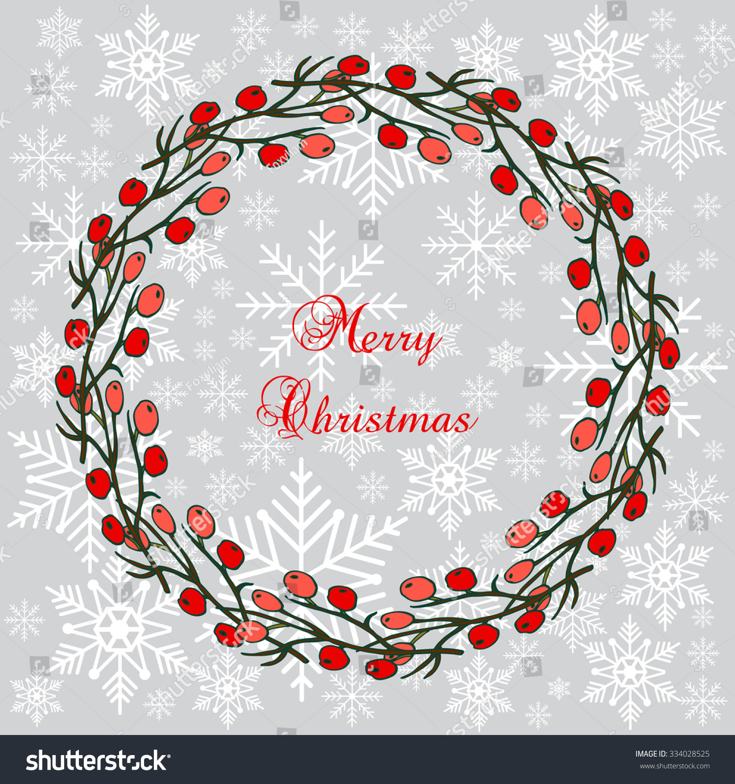 Christmas Holly Tree Wreath With Red Berries. Vector Illustration