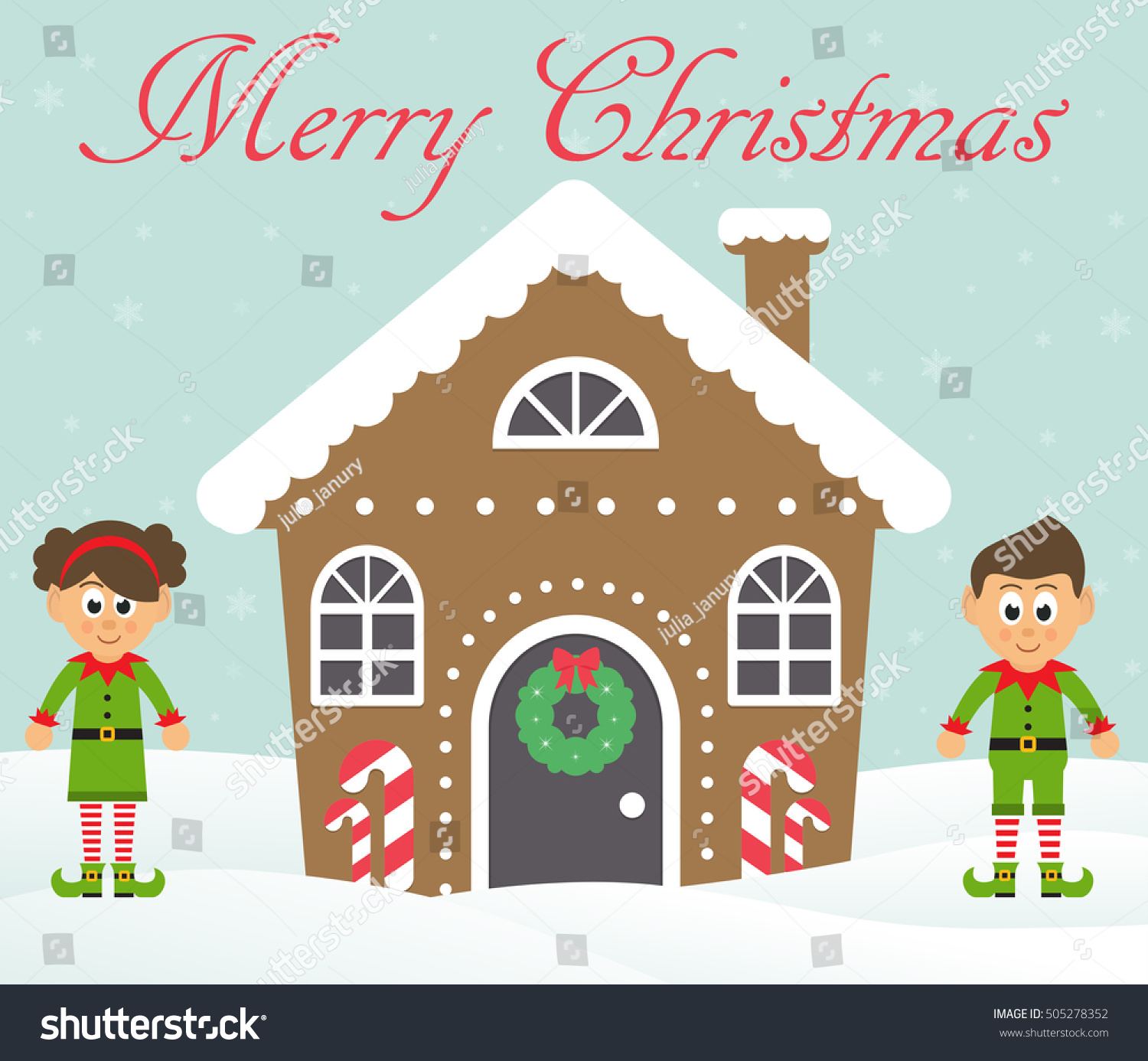 Christmas House With Cartoon Elfs And Text Stock Vector Illustration