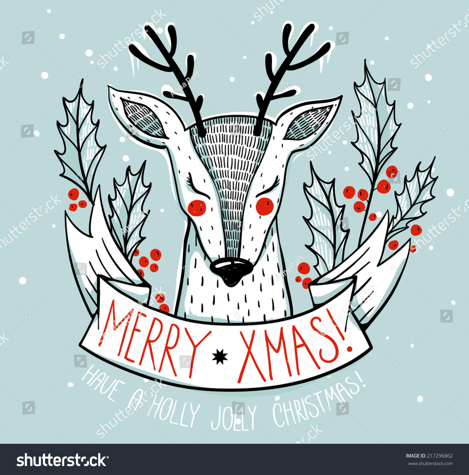 Christmas Illustration Cute Deer Holly Berries Stock Vector (Royalty ...