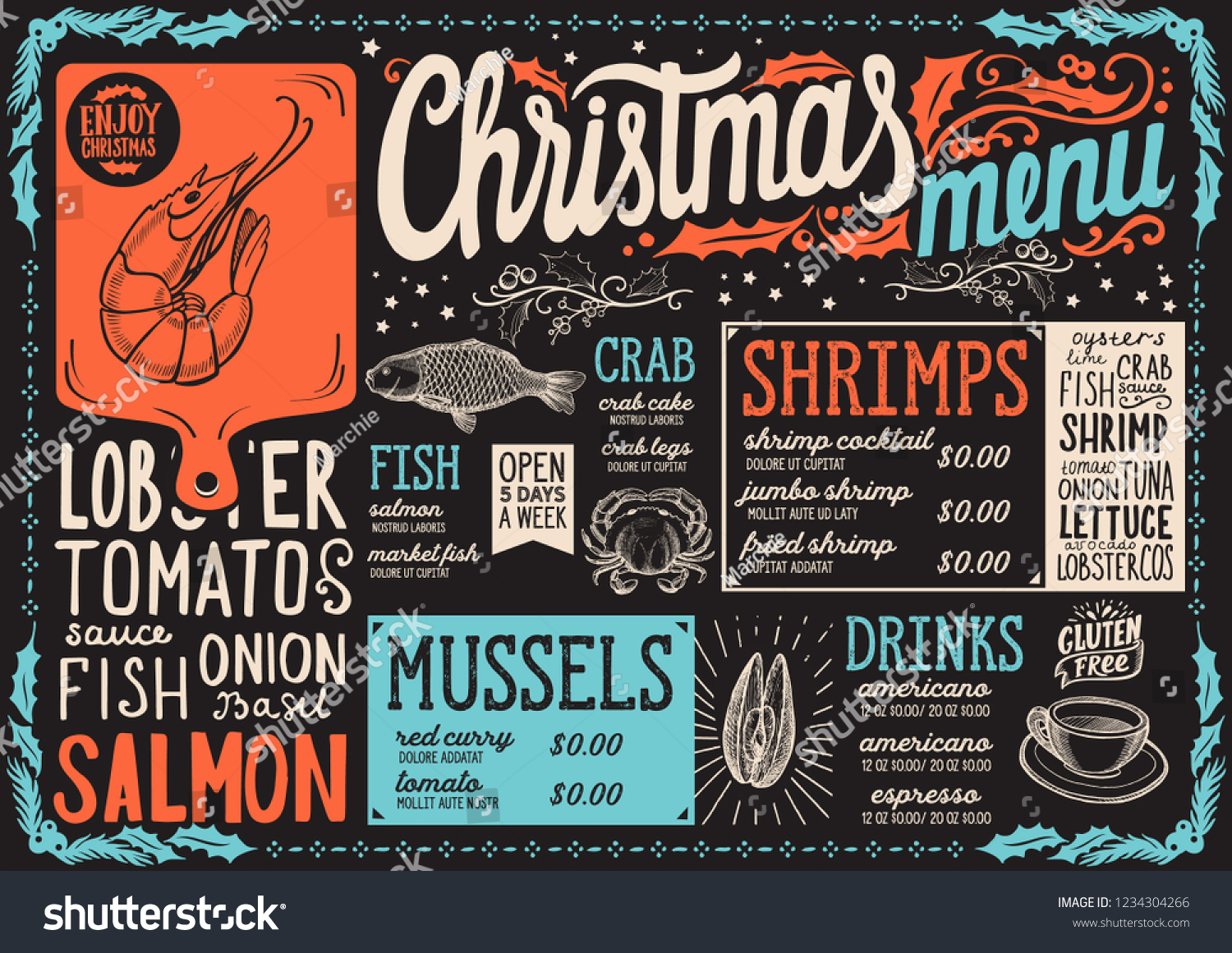 Christmas Menu Template Seafood Restaurant On Stock Vector Royalty Free 1234304266