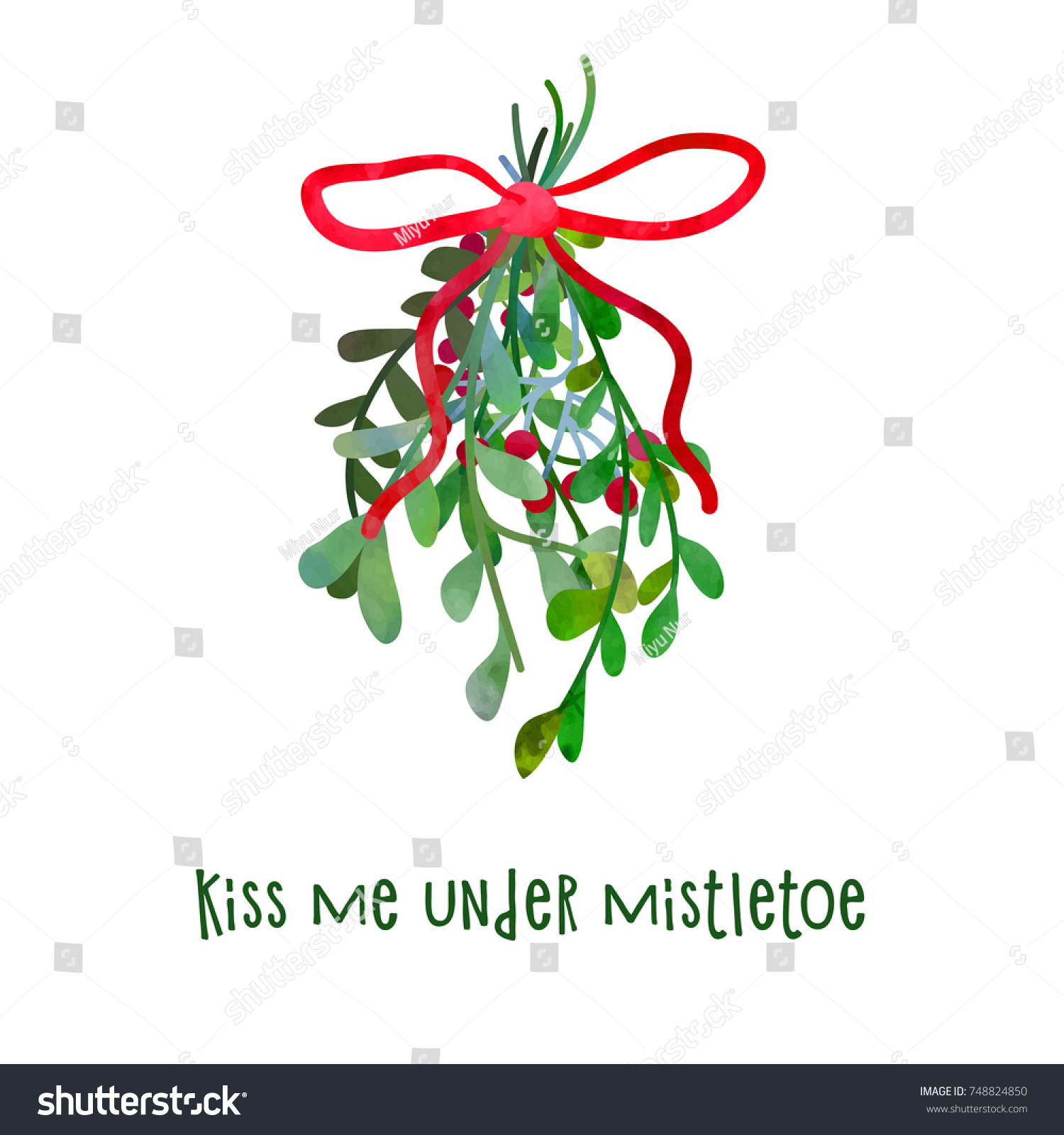 Christmas mistletoe for kisses Cartoon clip art illustration on isolated background Watercolour imitation