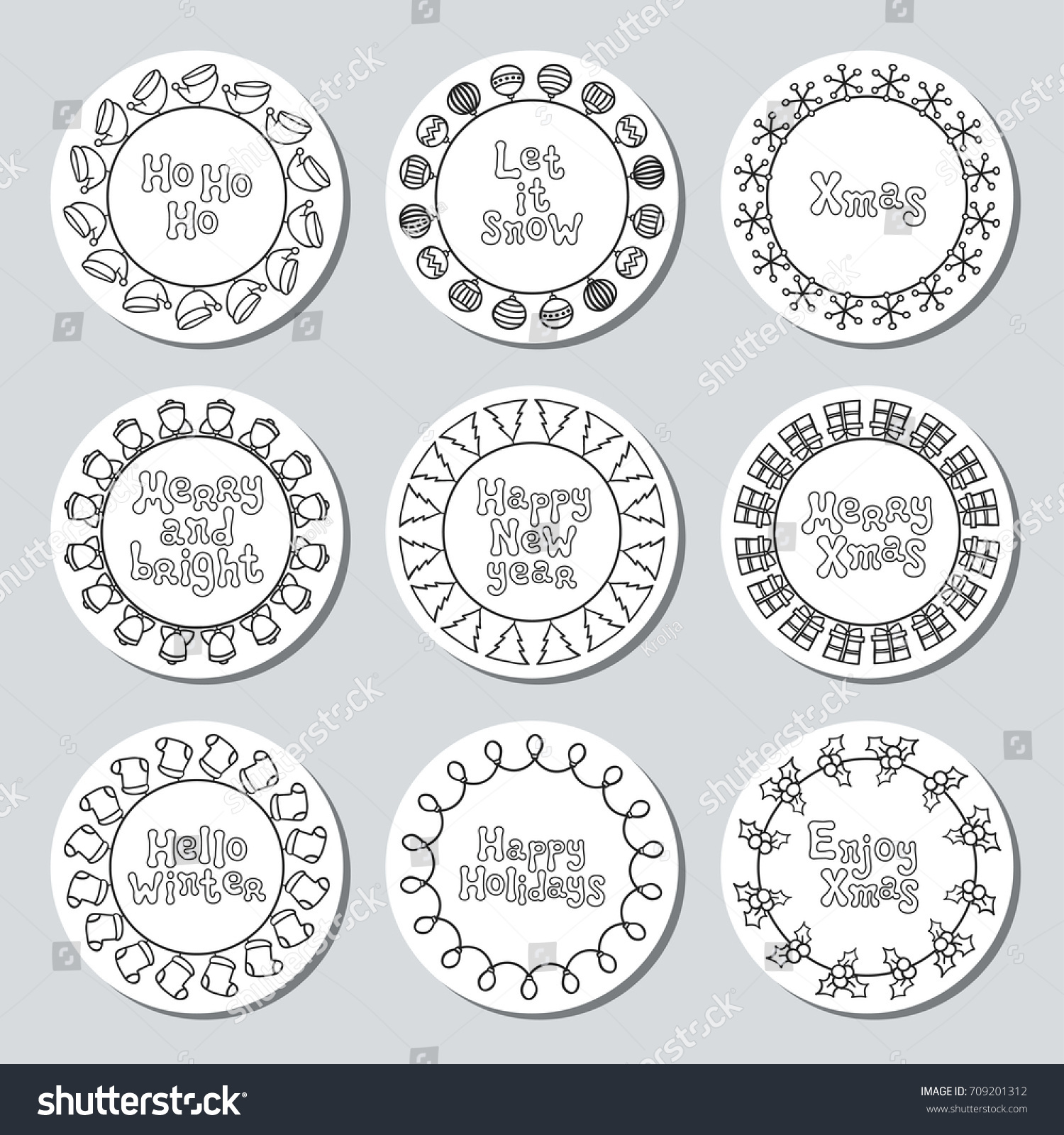 Christmas New Year t round stickers Labels and badges xmas set Hand drawn decorative