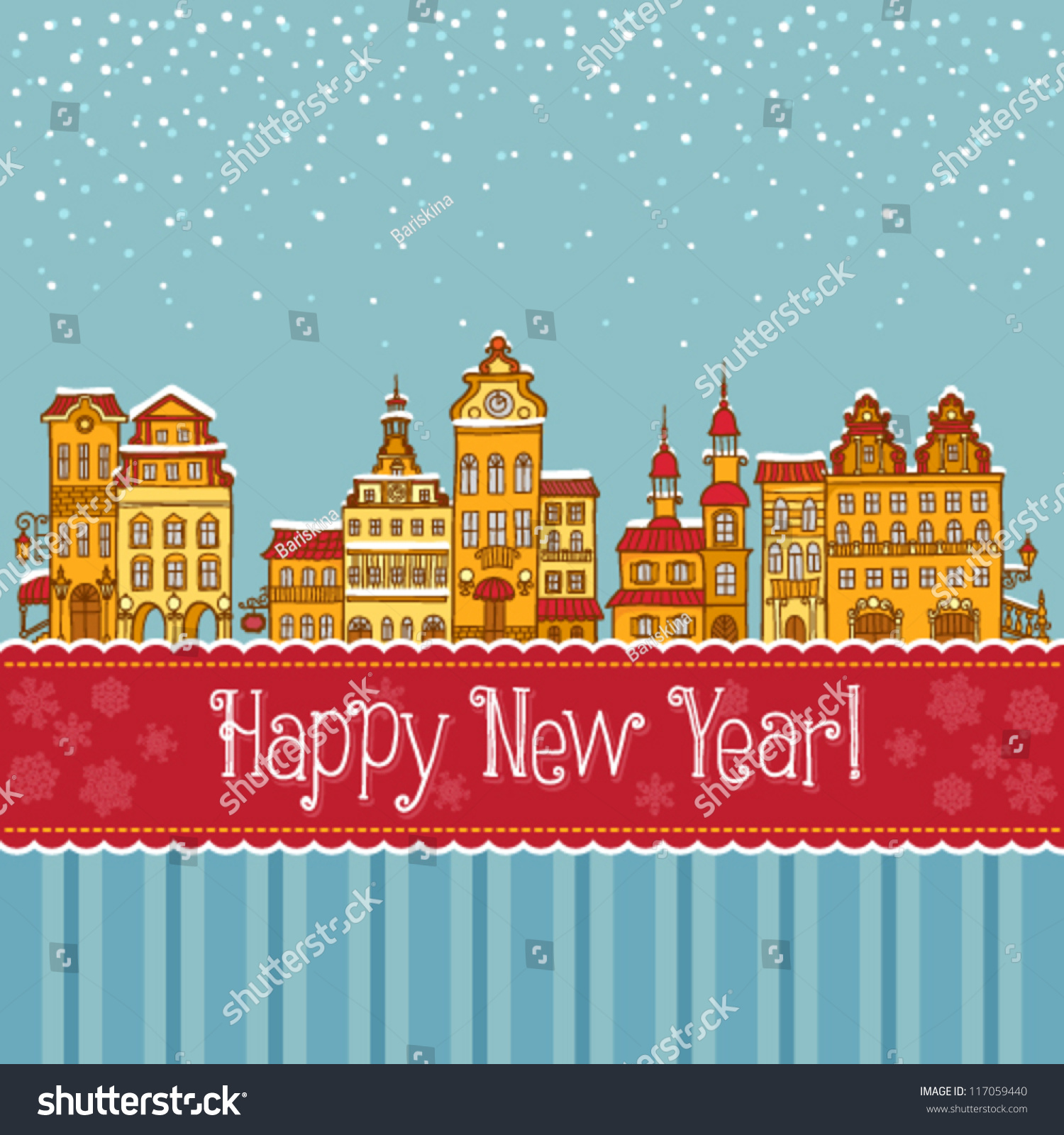 Christmas New Year illustration with day houses and festive ribbon Vector background for your