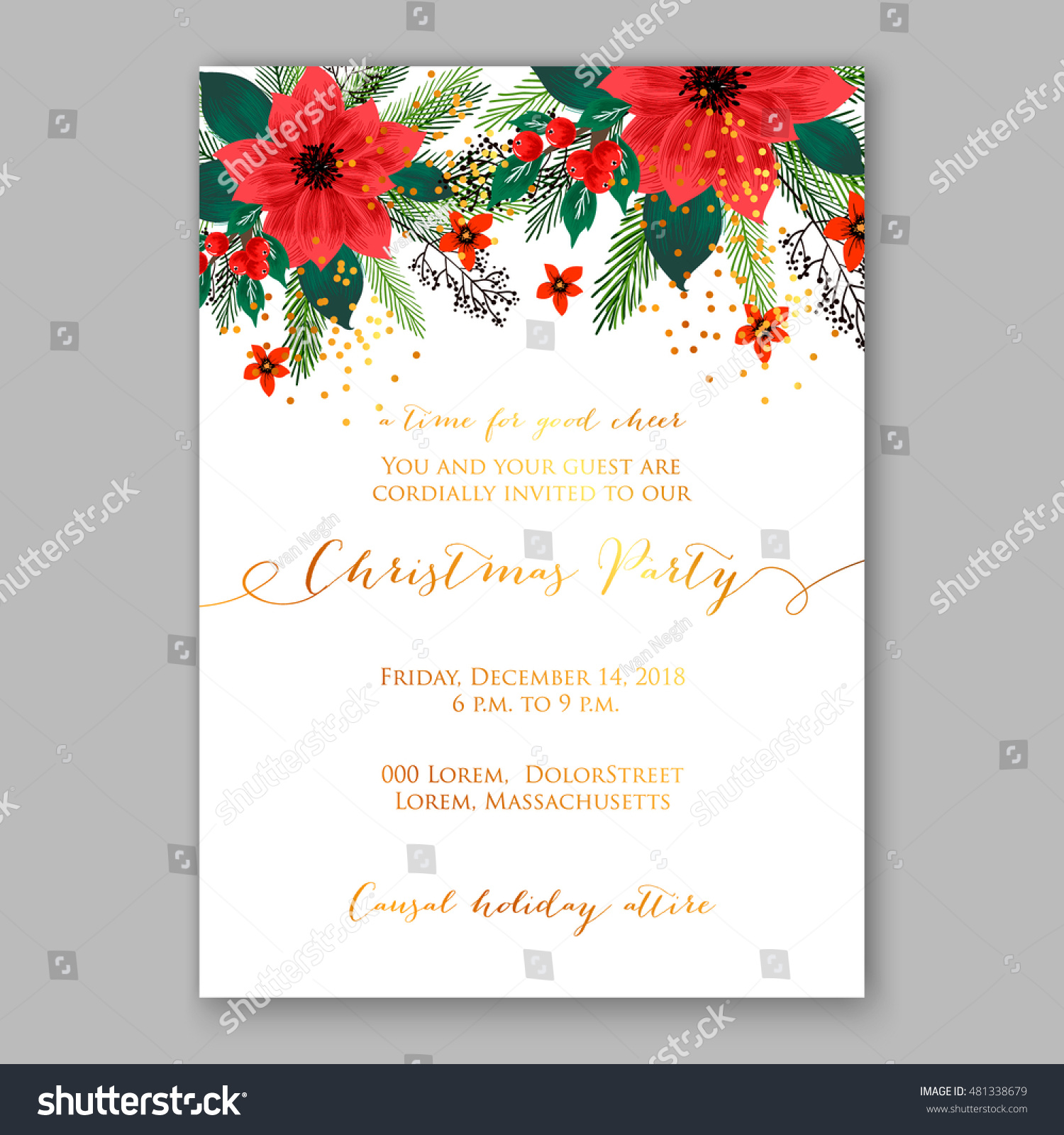 Christmas Party Invitation Holiday Wreath Poinsettia Stock Vector ...