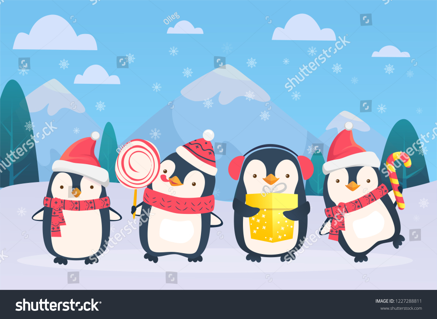 雪の背景にクリスマスペンギン かわいいペンギンのベクターイラスト のベクター画像素材 ロイヤリティフリー