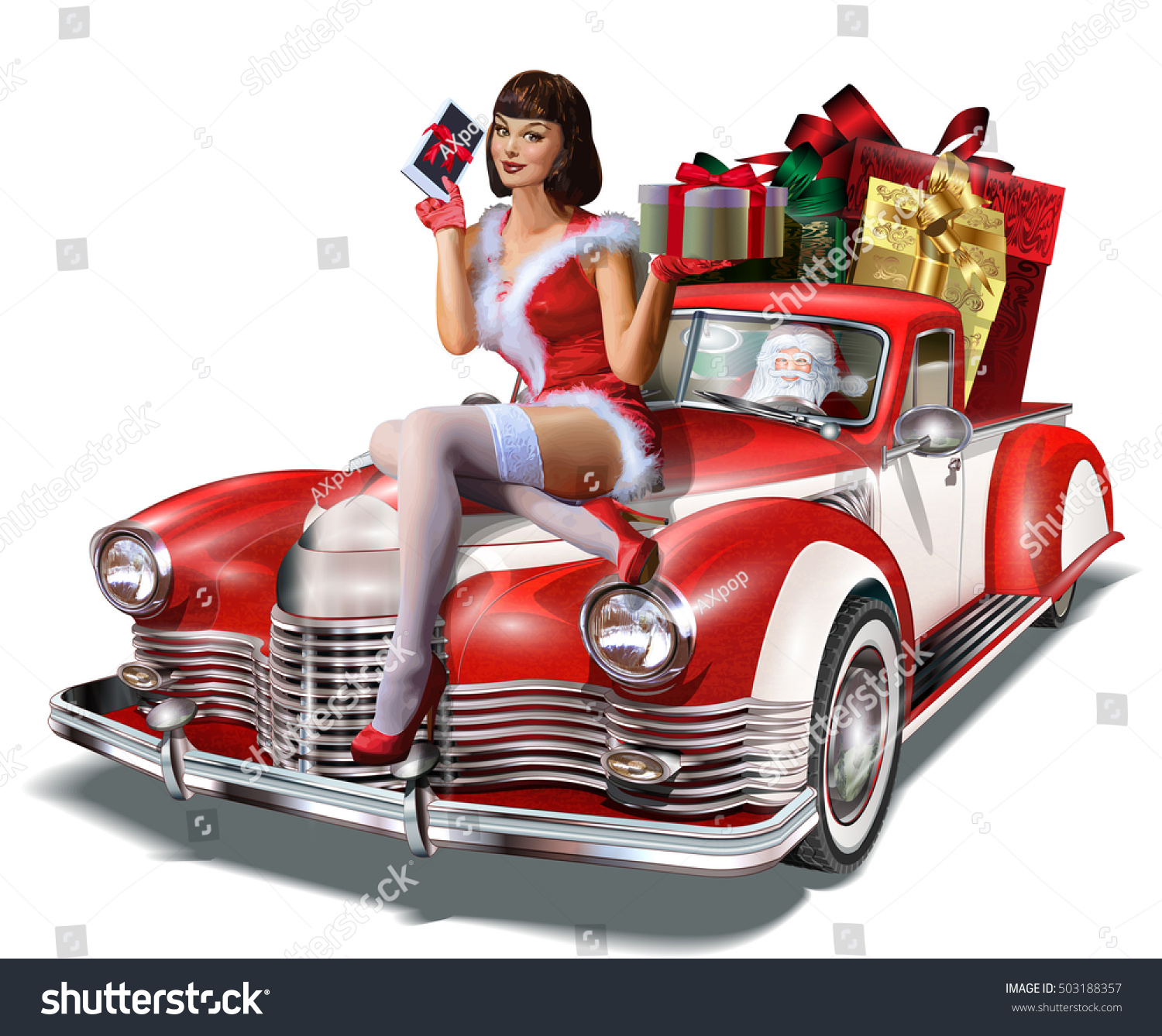 Rayons de soleil !  - Page 16 Stock-vector-christmas-pin-up-girl-with-gift-box-in-hands-while-sitting-on-retro-car-503188357