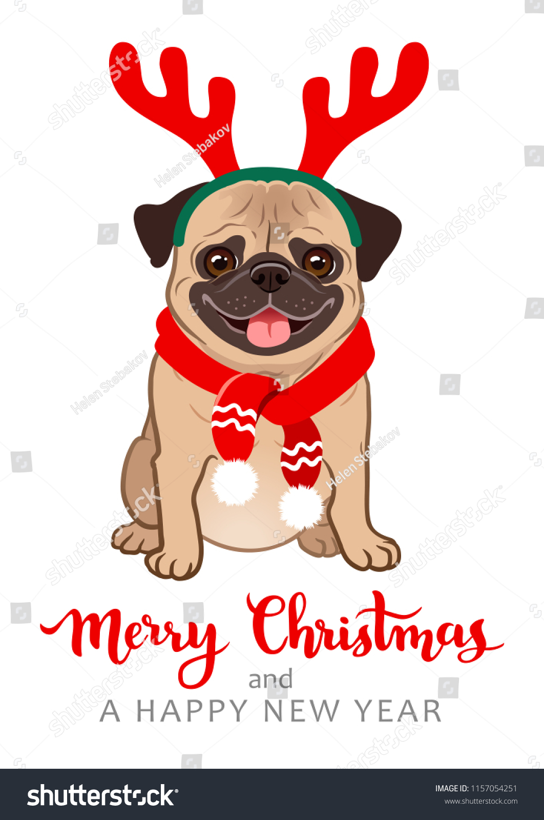 クリスマスパグ犬の漫画のイラスト かわいい人懐こい太った子猫が座っていて 舌を出して微笑み 赤いスカーフと角をつけている ペット 犬好き 動物をテーマにしたクリスマスグリーティングカード のベクター画像素材 ロイヤリティフリー