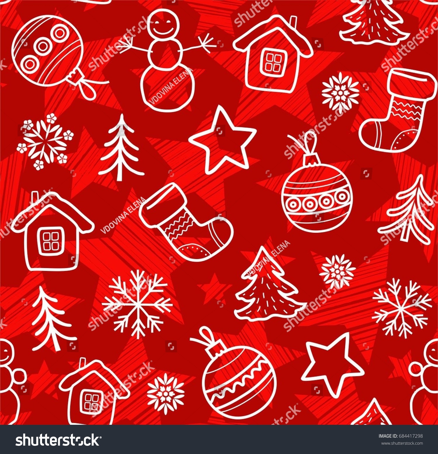 Christmas red background white contour drawings seamless vector Christmas balls boots