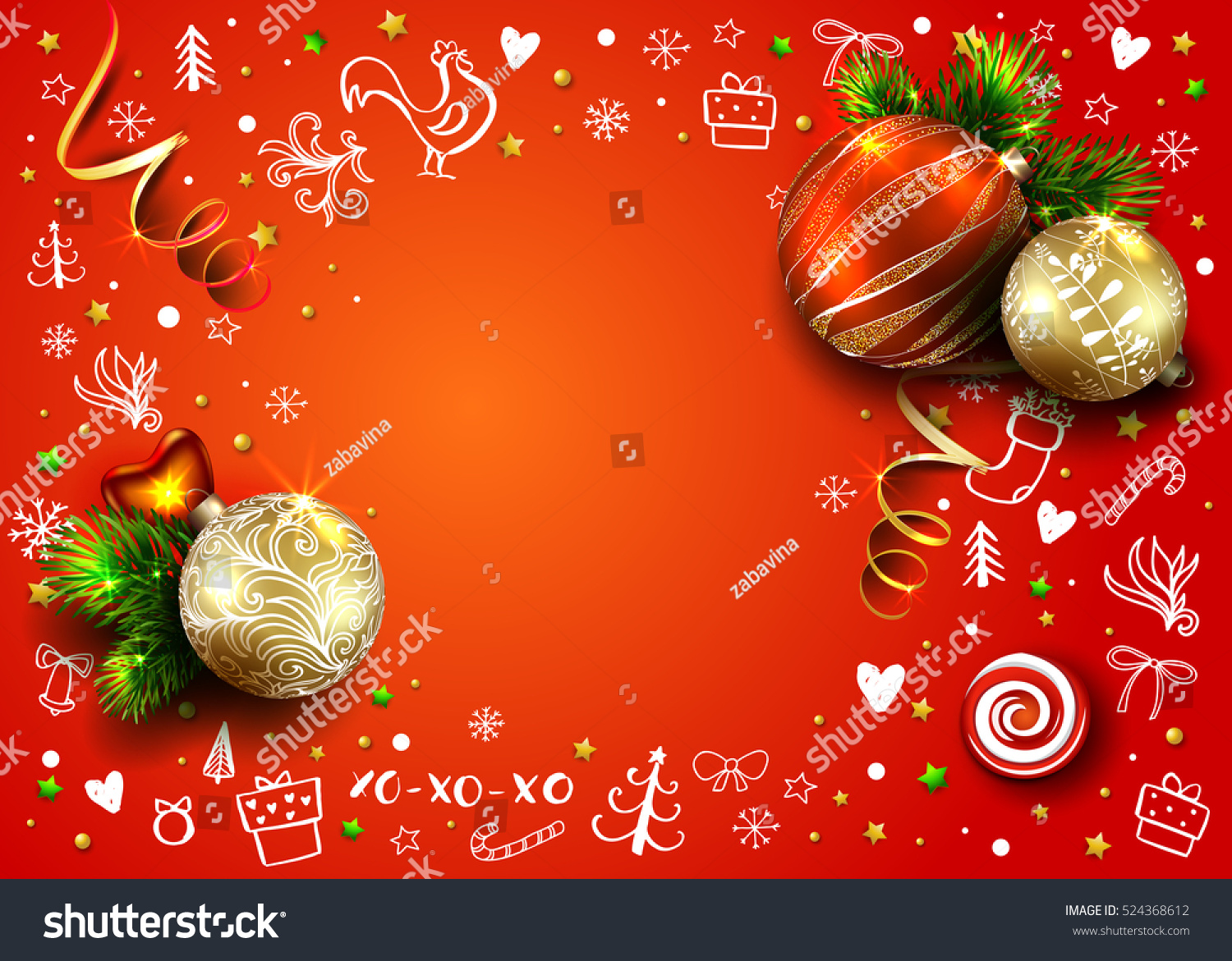 Christmas red vector card with realistic fir tree balls decorations and hand drawn elements