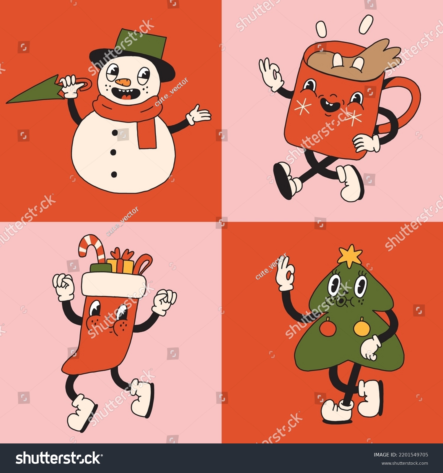 SVG of Christmas retro collection 30s cartoon mascot characters. Snowman, Christmas tree, sock, cup. 50s, 60s old animation style. Vintage comic merry Christmas vector. Cheerful, happy emotions. Isolated svg