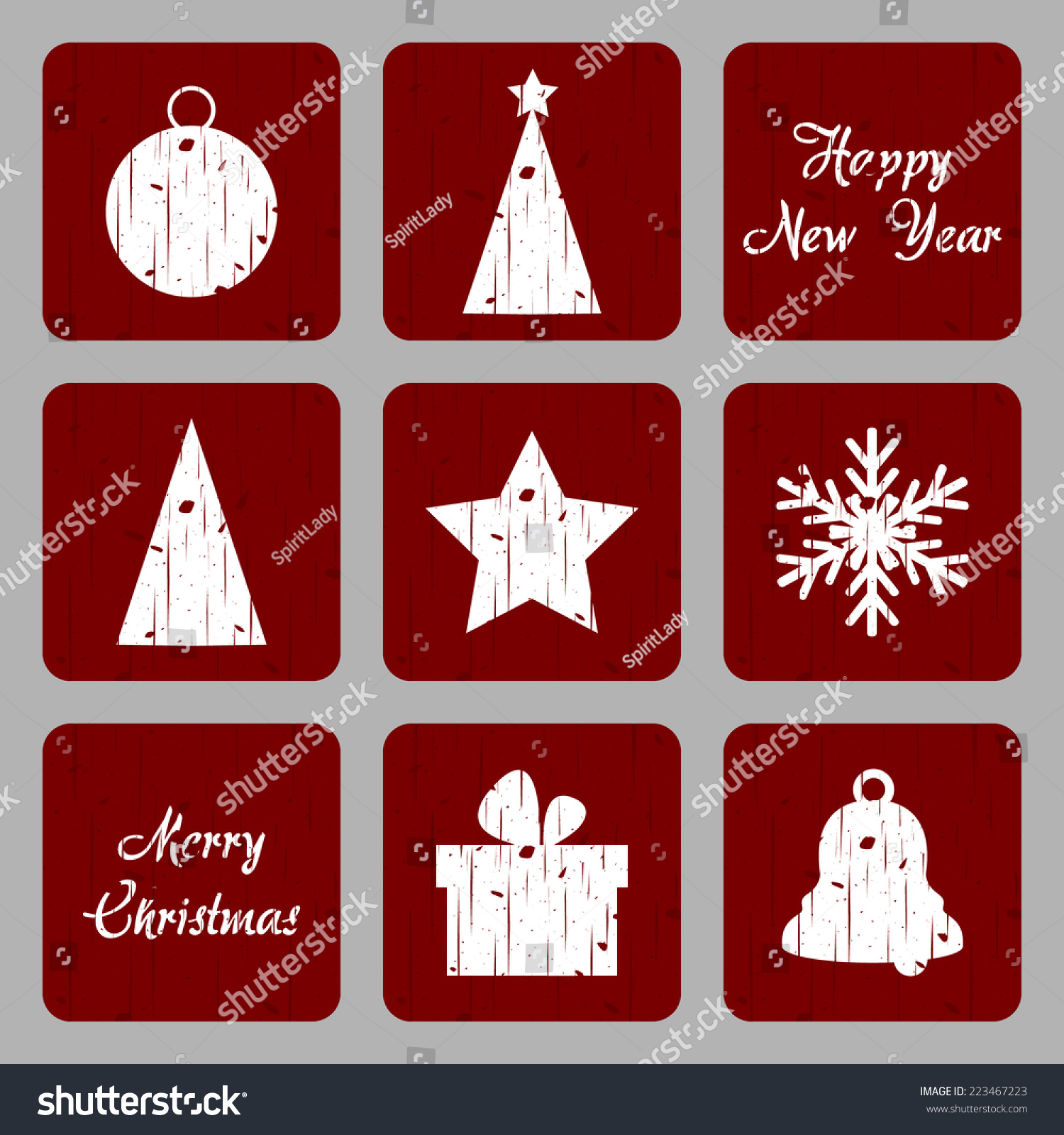 Christmas Retro Icon Vector Grunge Tree Bulb Star Bell Snowflakes and