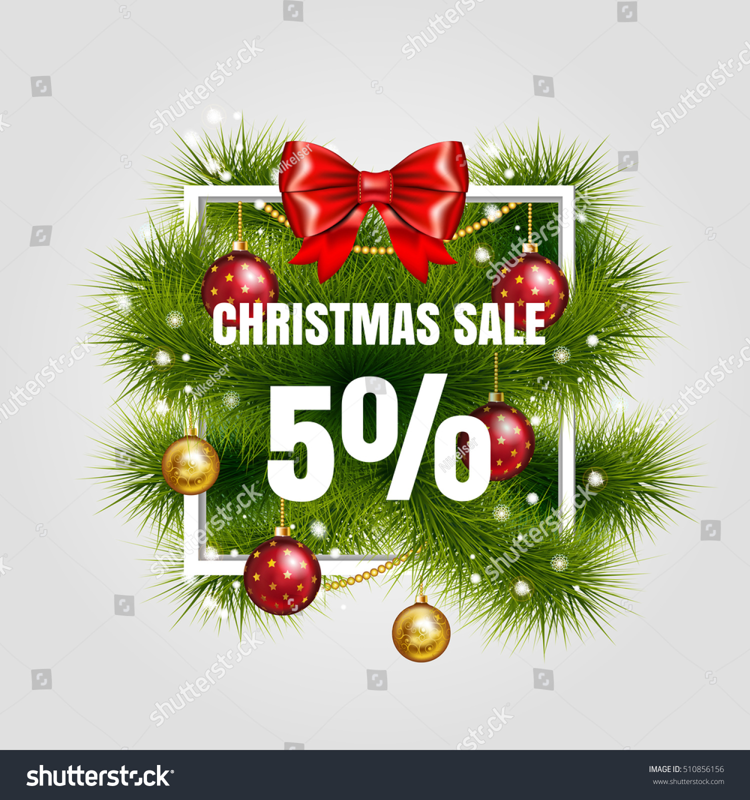 Christmas Sale Sign Vector Label 5 With Red Ribbon And Green Fir Tree Branches Christmas Sale Sign Vector Label 5 With Red Ribbon And Green Fir Tree Branches