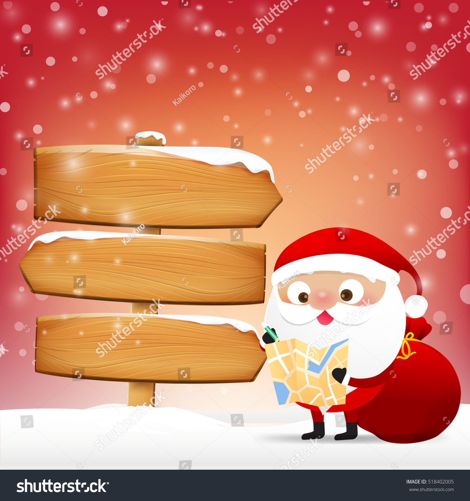 Christmas Santa Claus reading a map with wooden sign blank board and winter snow with copy