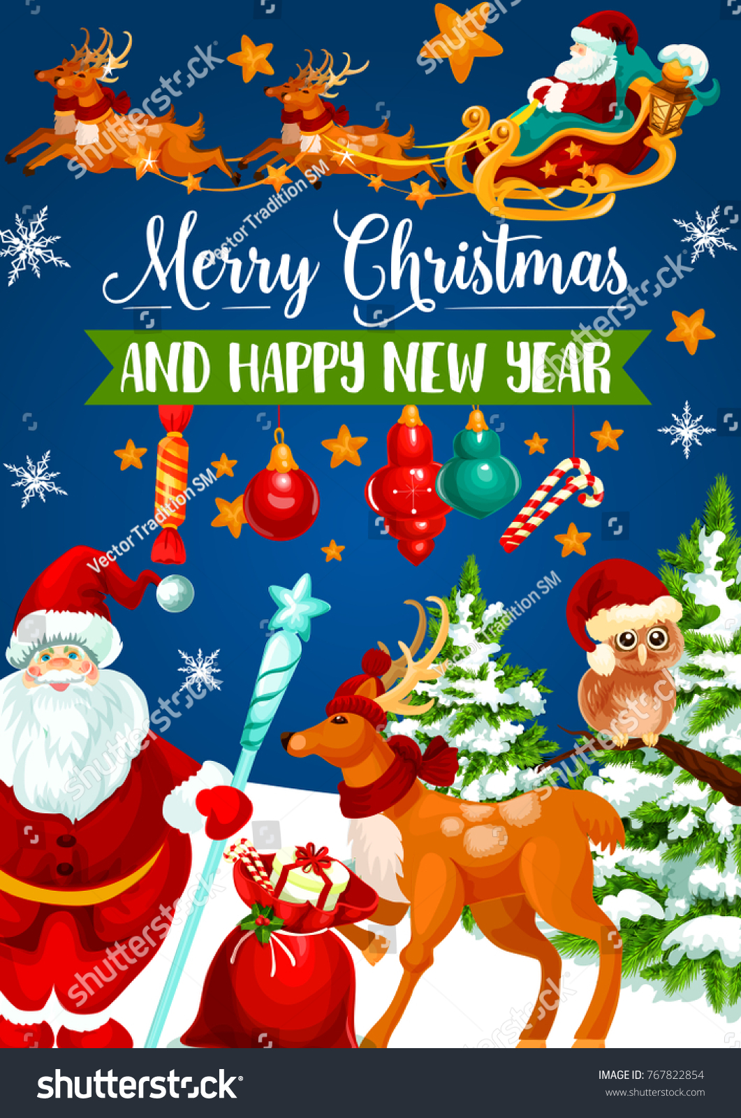 Christmas Santa sleigh with t greeting card for New Year winter holiday celebration Santa Claus