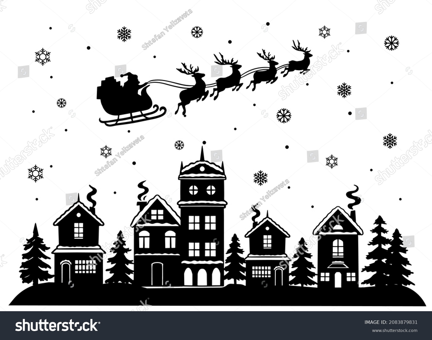 SVG of Christmas scene. Santa Claus flies over houses in a sleigh. Santa's cart with reindeer.Christmas Village vector clipart svg