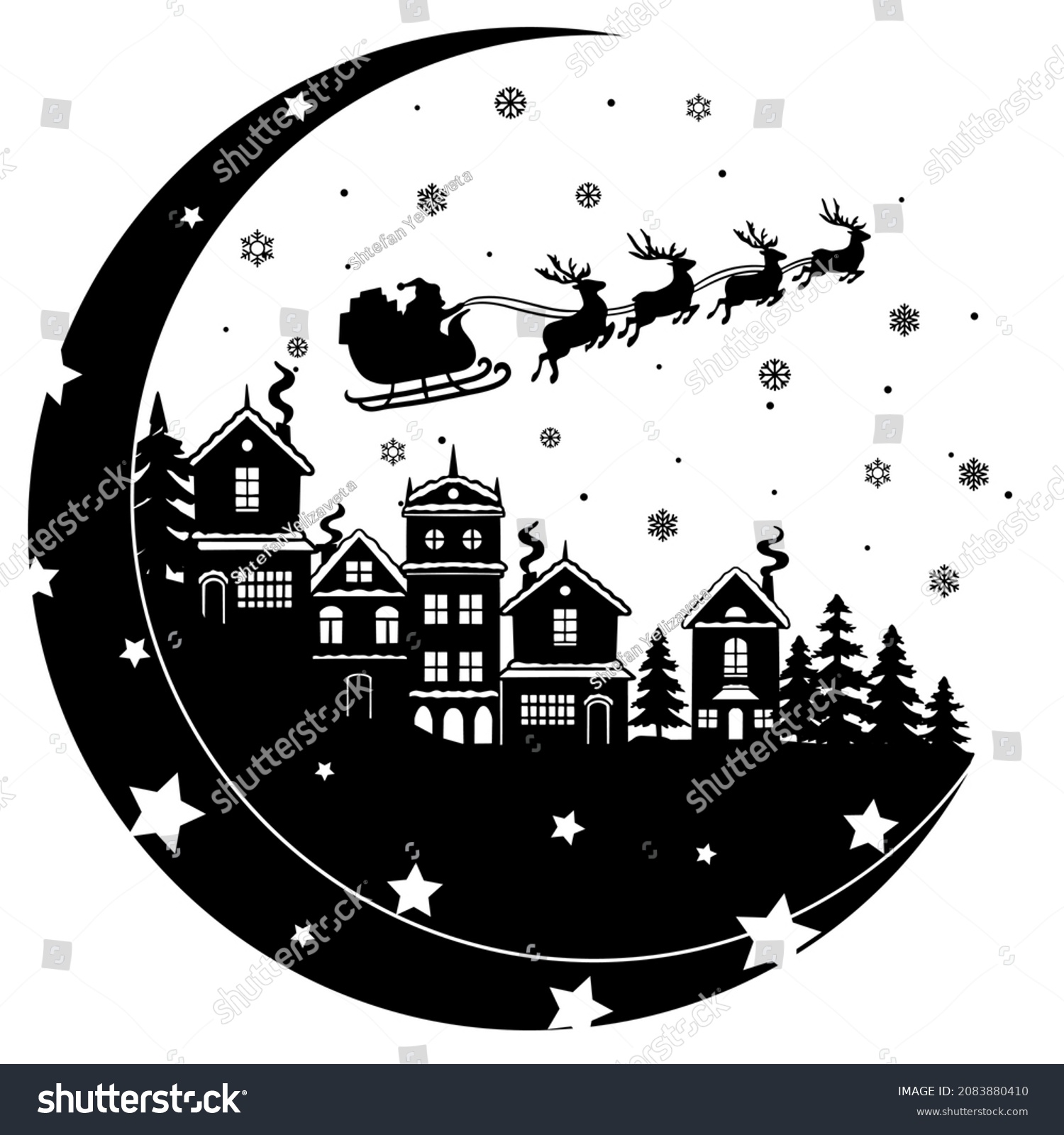 SVG of Christmas scene. Santa Claus flies over houses in a sleigh. Santa's cart with reindeer. Cutting paper file svg