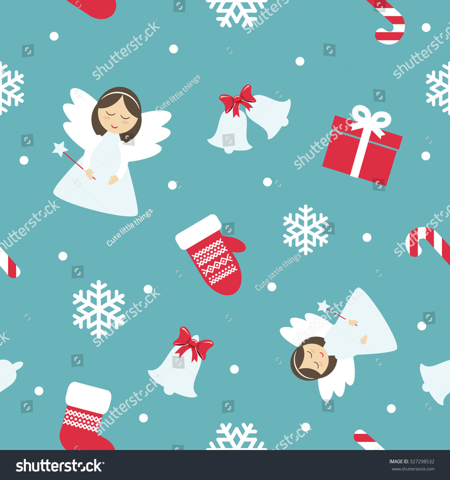 Christmas Seamless Pattern with Angel Mittens Bells and Snowflakes