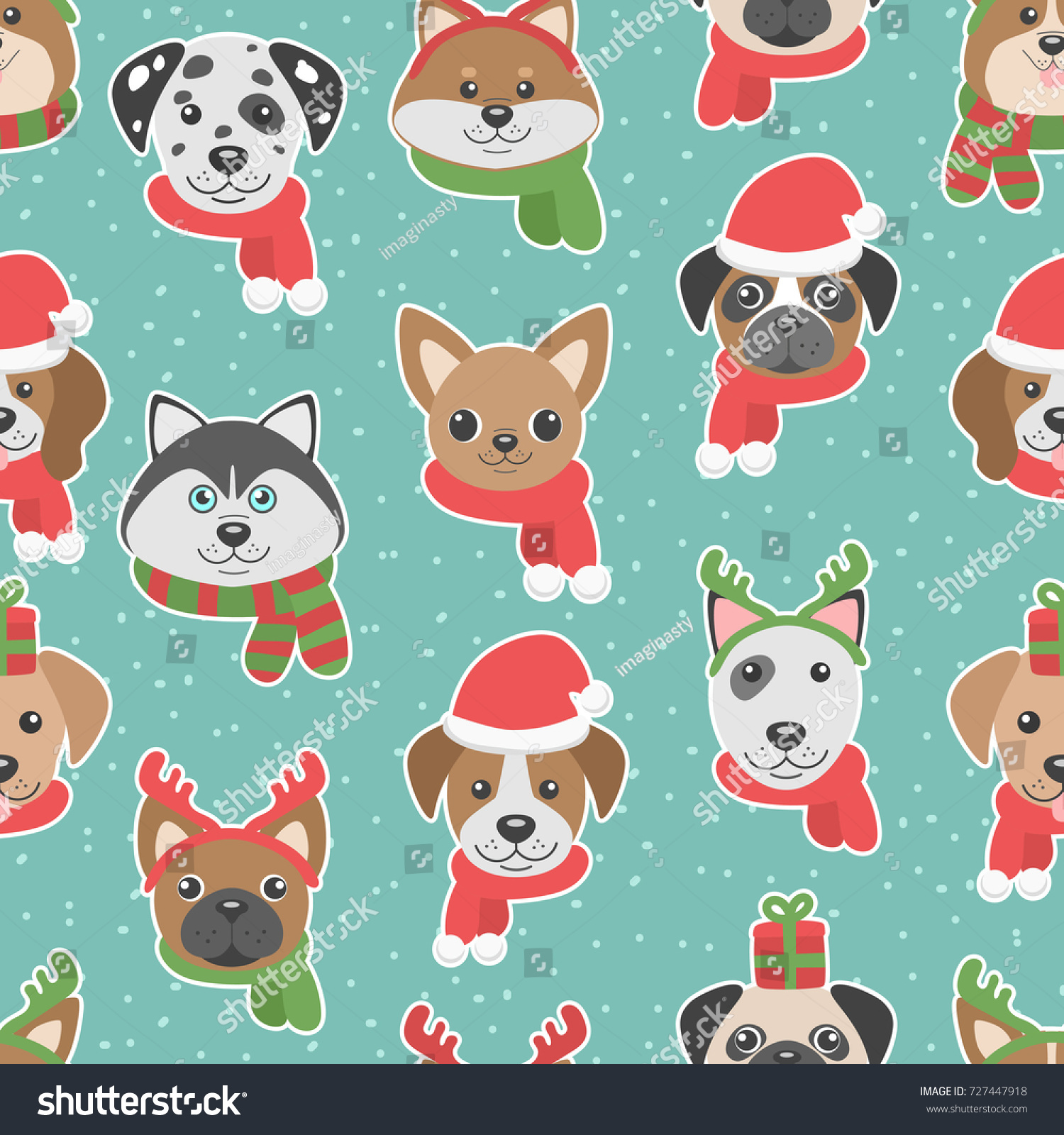 Christmas Seamless Pattern Cartoon Dogs Hats Stock Vector Royalty Free 727447918
