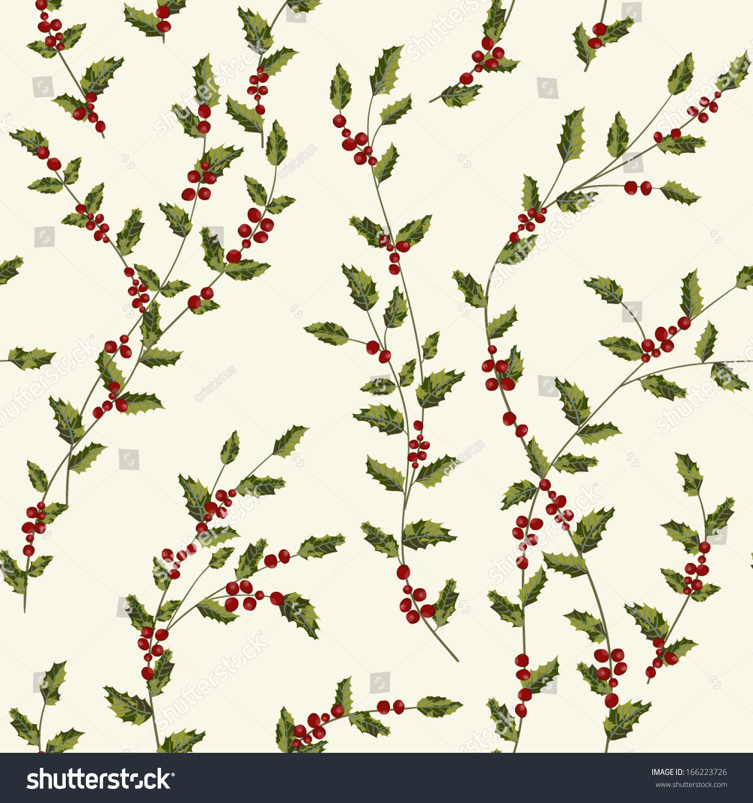 Christmas Seamless Pattern Holly Leaves Berries Stock Vector 166223726 ...