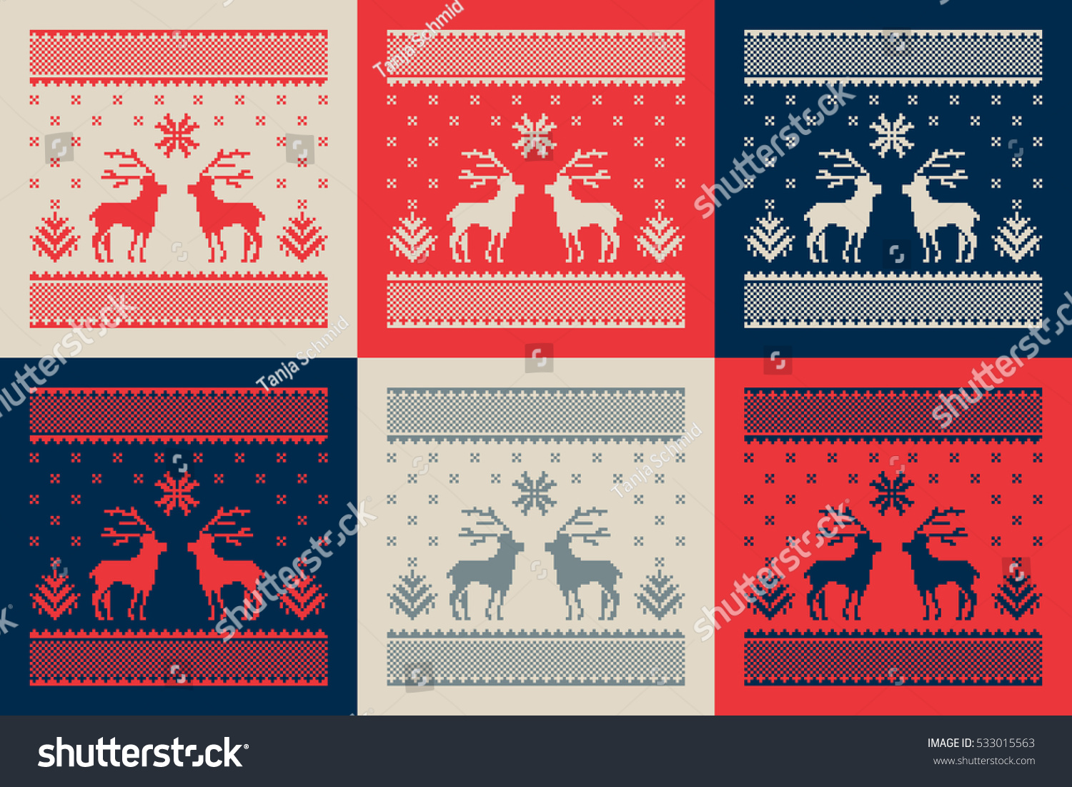 Christmas Set 6 Cards Scandinavian Folk Stock Vector