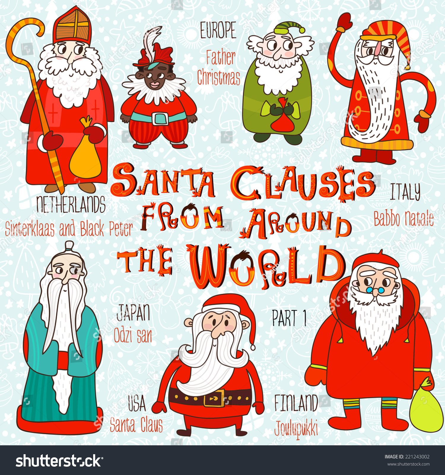 Babbo Natale English.Christmas Set Santa Clauses Around World Stock Vector Royalty Free 221243002
