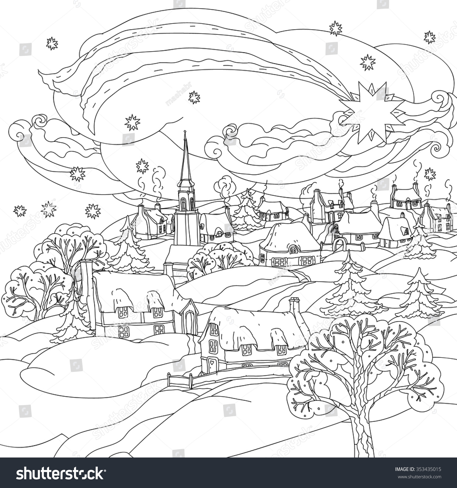 Christmas star flies over winter village Black and white Zentangle patters The best