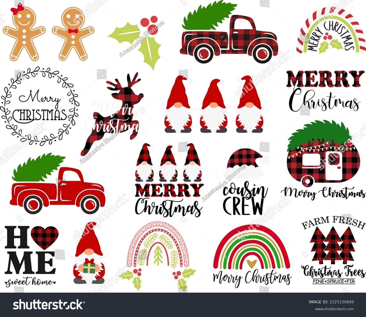 SVG of Christmas Svg bundle - old vintage truck, Merry Christmas sign, mistletoe, buffalo plaid reindeer, gingerbread, rainbow. Christmas gnomes vector isolated on white background. Christmas clipart svg