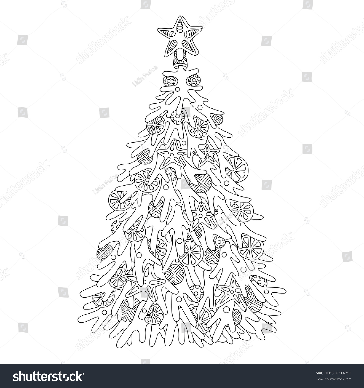 Christmas tree adult coloring page for adults in zentangle style