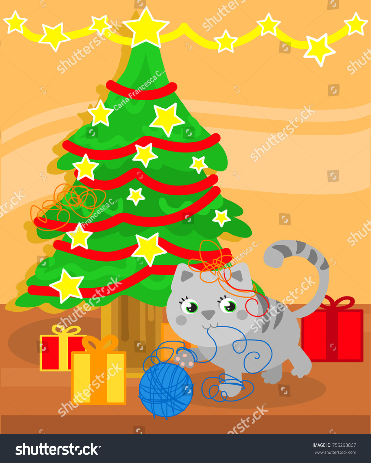 Download Christmas Tree Cute Kitty Cat Playing Stock Vector Royalty Free 755293867 PSD Mockup Templates