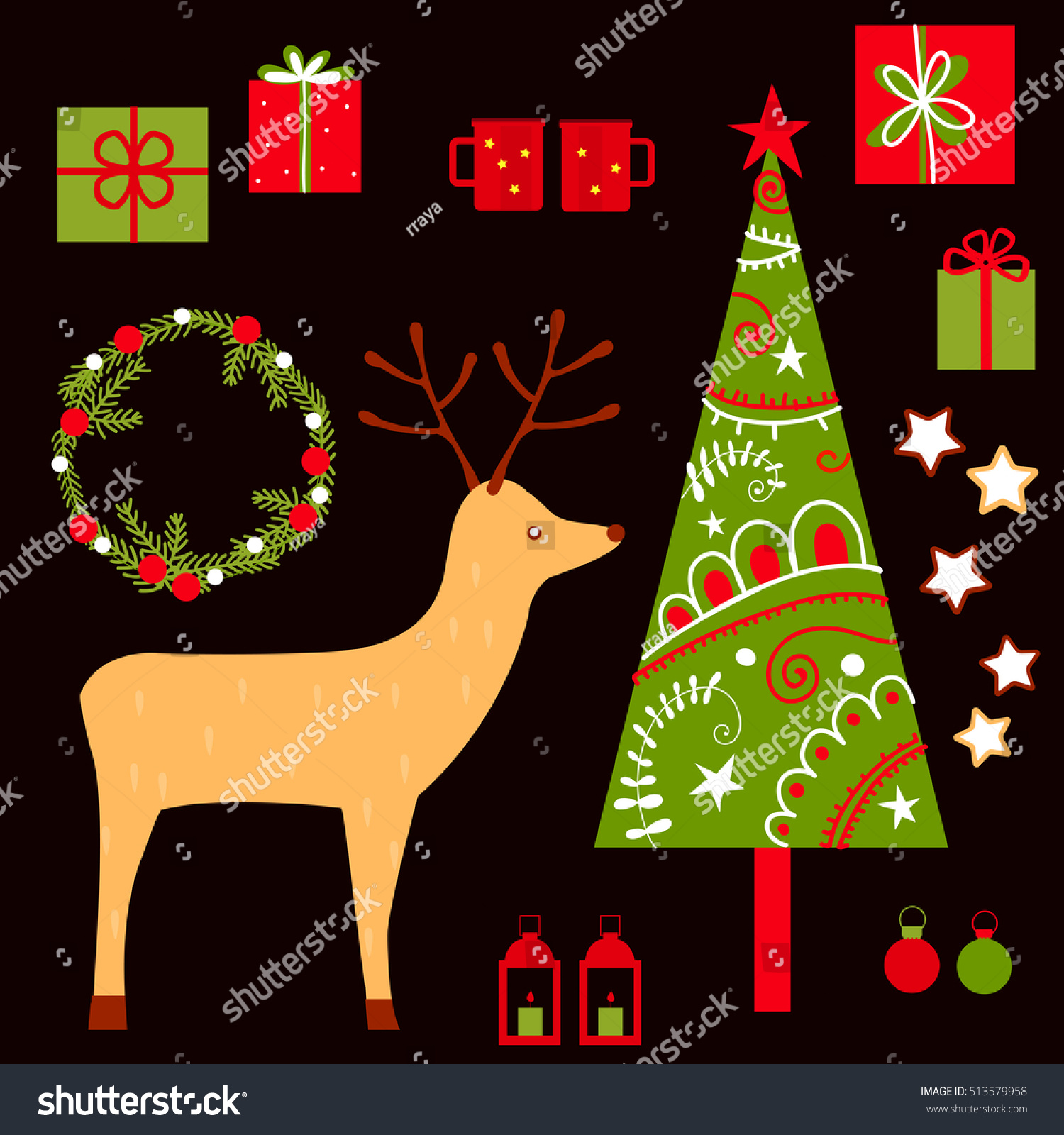 Download Christmas Tree, Deer And Gifts. Vector Illustration ...
