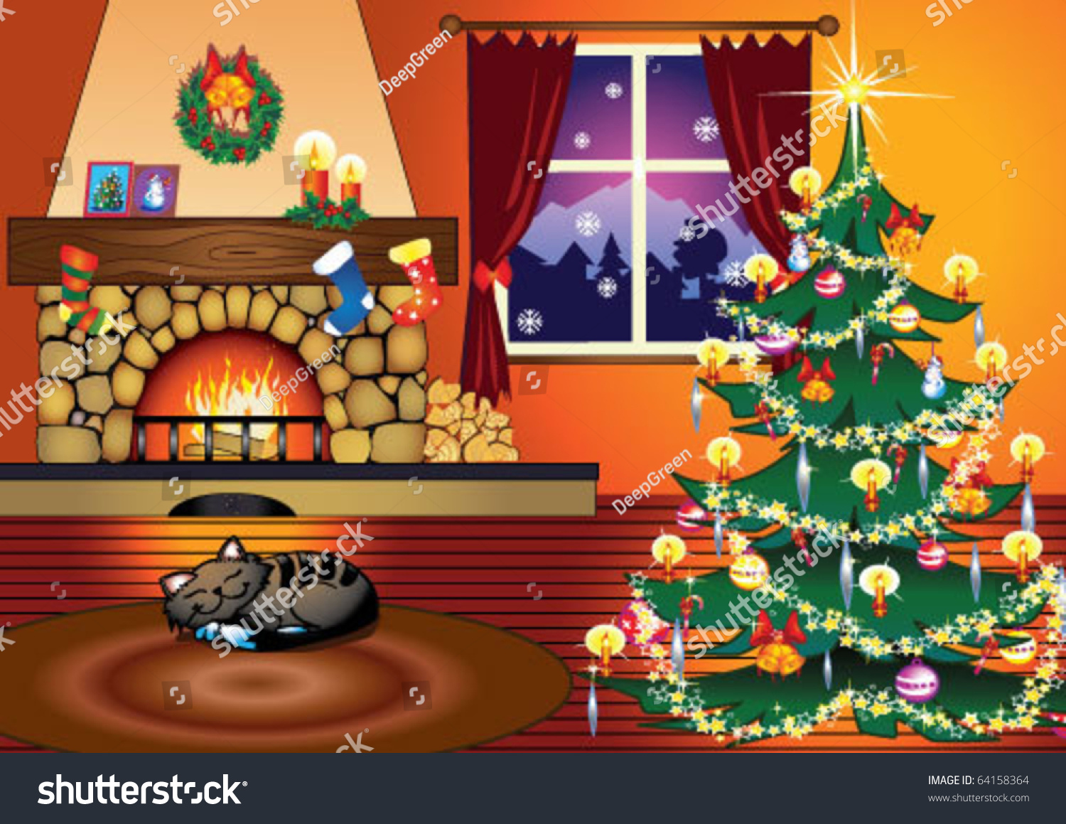 Christmas Tree Home Living Room Fire Stock Vector 64158364 