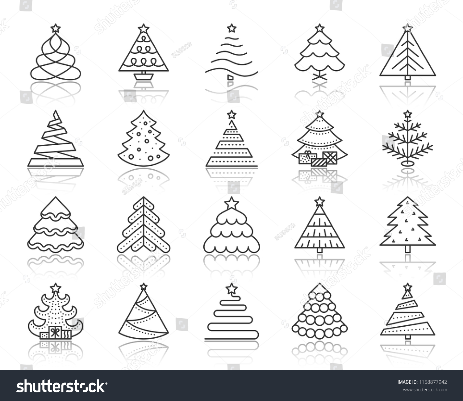Christmas Tree thin line icons set Outline sign kit of xmas trendy Stylized linear