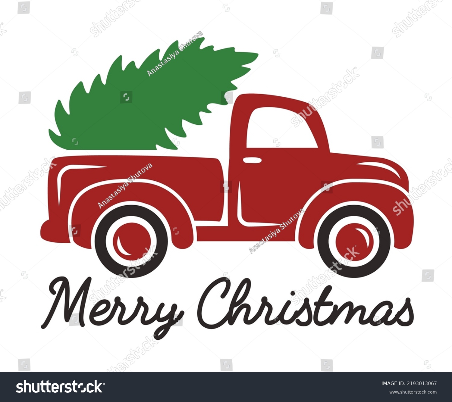 SVG of Christmas tree truck Svg cut file. Red old vintage truck carrying pine tree vector illustration isolated on white background. Merry Christmas shirt design svg