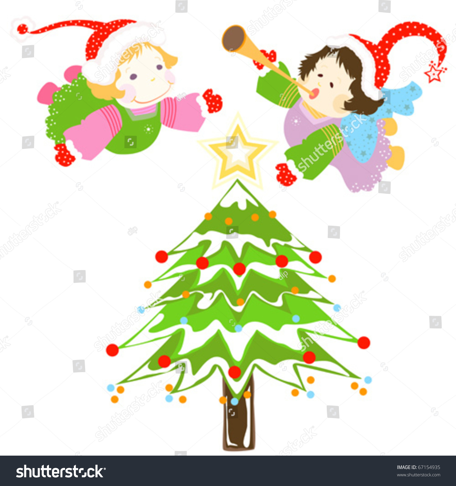 Christmas Tree With Angels Stock Vector Illustration 67154935