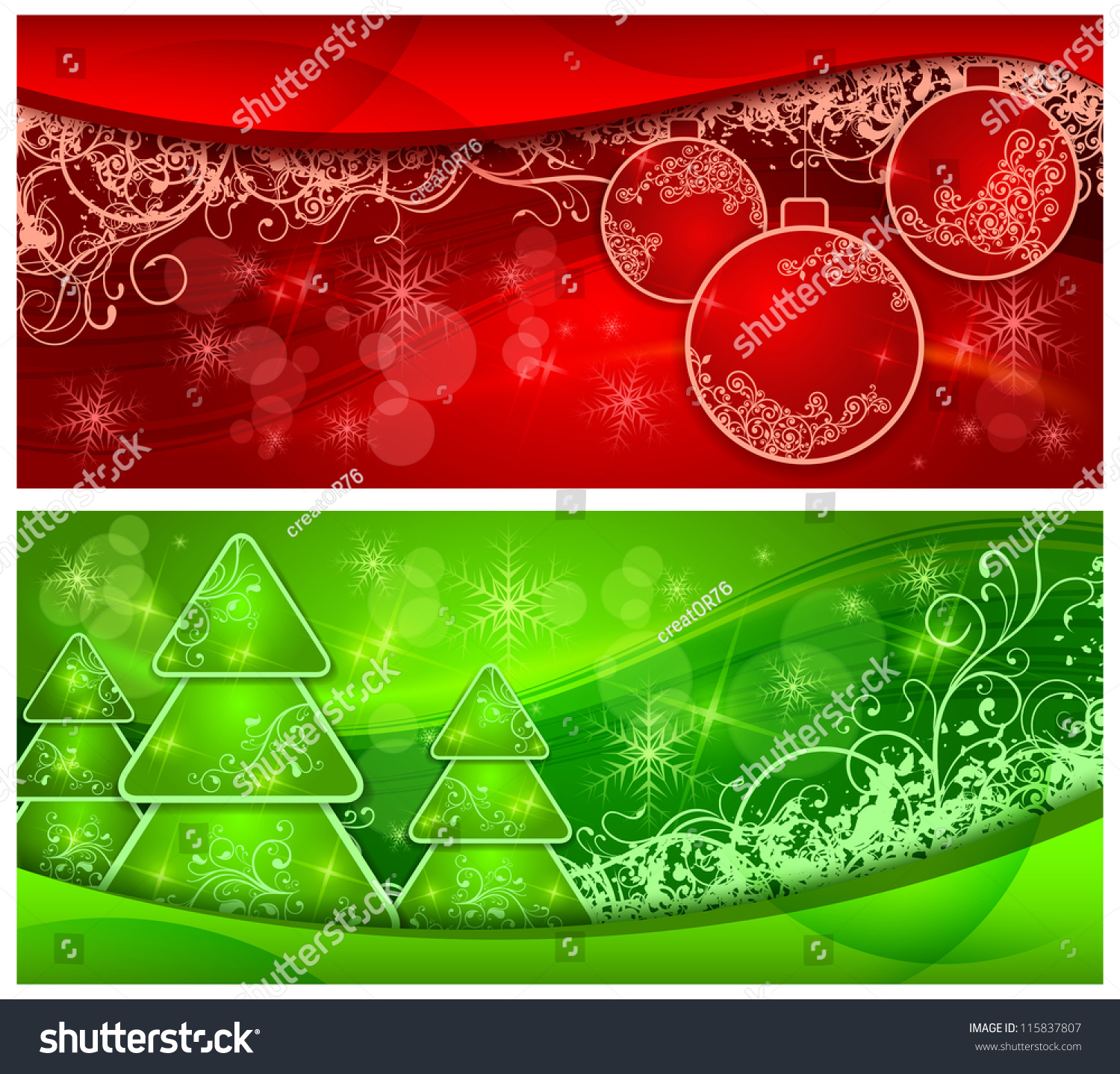 Christmas Two Background With Fir Trees And Balls In Red And Green ...