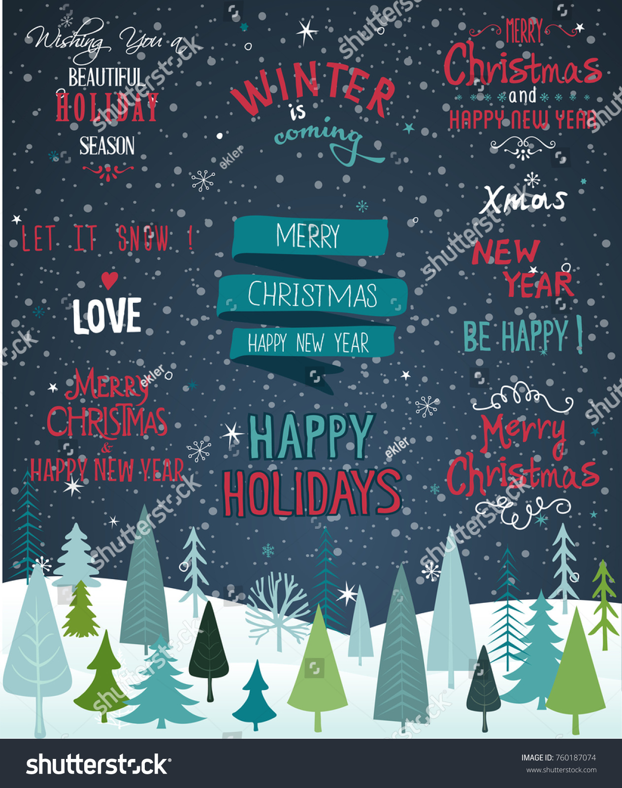 Christmas Typographic Background Set Merry Christmas And Happy New Year