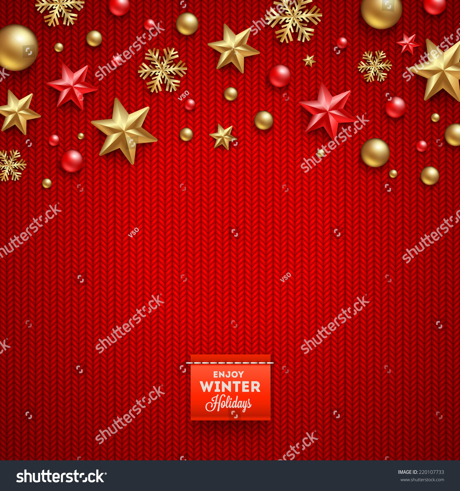 Christmas Vector Design - Holidays Decorations And Label On A Knitted Red Background - 220107733