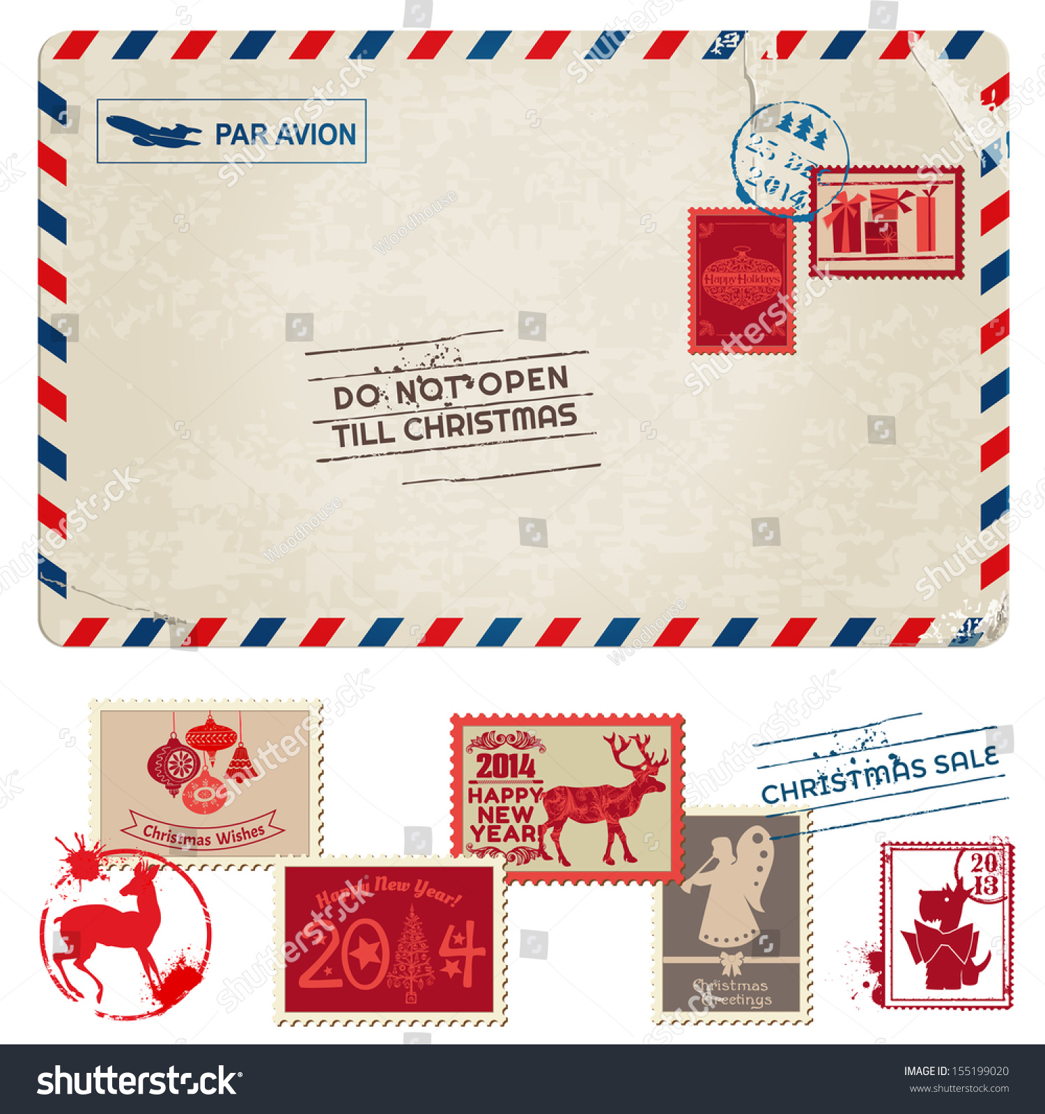 Christmas Vintage Postcard Postage Stamps Design Stock Vector 155199020 ...