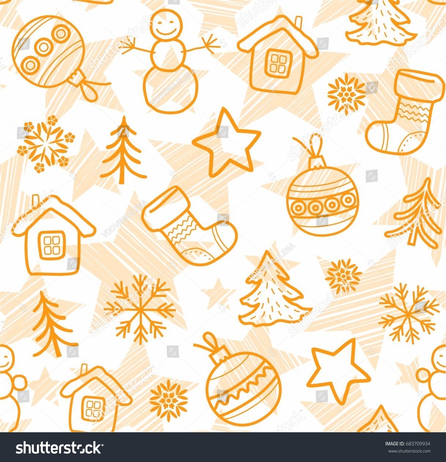 Christmas white background with thin orange outline drawings seamless vector Christmas balls